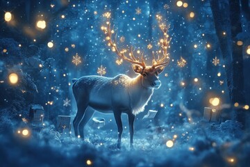 Aufkleber - Majestic reindeer standing in a snowy forest illuminated by glowing lights and falling snowflakes during the winter season