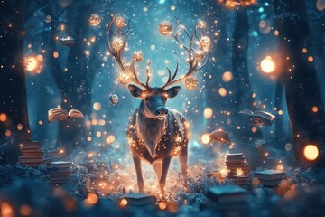 Aufkleber - Majestic reindeer standing in a snowy forest illuminated by glowing lights and falling snowflakes during the winter season