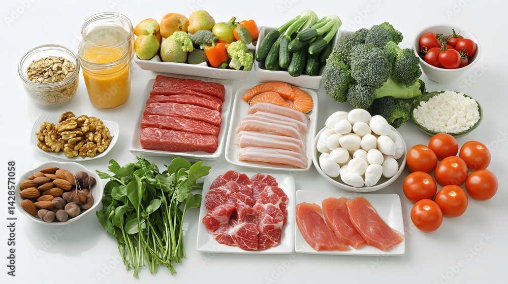 Healthy food options for a balanced diet laid out on a table, including ...