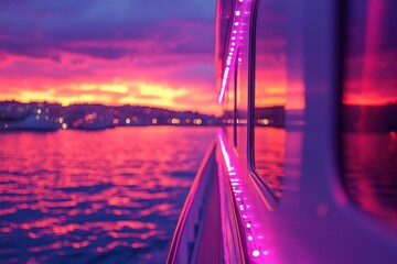 Aufkleber - Stunning sunset view from a modern coastal room with glass walls overlooking the tranquil ocean and reflecting colorful clouds at dusk
