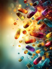 Fototapete - Bursting Vitamin Capsules Showcasing Vibrant Colors and Abstract Light for Modern Healthcare Innovation