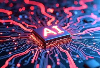 Poster - AI word on microchip and colorful light spread with strong beam , AI concept with copyspace banner background, Generative AI