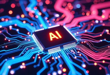 Poster - AI word on microchip and colorful light spread with strong beam , AI concept with copyspace banner background, Generative AI