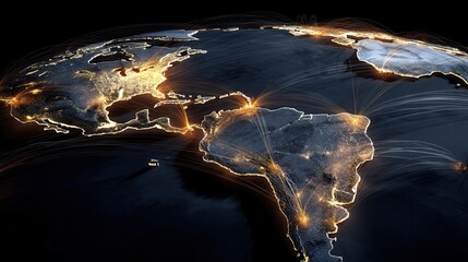 a stunning image of this visual illustrates a world map with illuminated pathways connecting major c