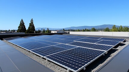 elevated rooftop solar panel array against a clear blue sky.
