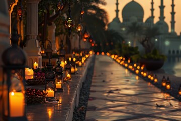 Poster - Moroccan lanterns and candles line the walkways of a grand mosque at dusk, creating a serene atmosphere during an evening gathering in Abu Dhabi