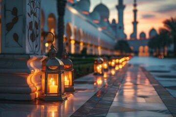 Poster - Moroccan lanterns and candles line the walkways of a grand mosque at dusk, creating a serene atmosphere during an evening gathering in Abu Dhabi