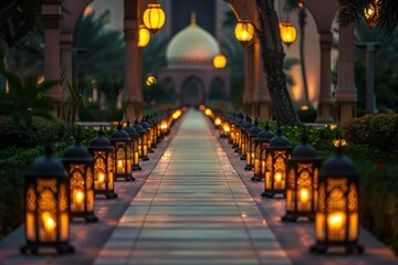 Poster - Moroccan lanterns and candles line the walkways of a grand mosque at dusk, creating a serene atmosphere during an evening gathering in Abu Dhabi