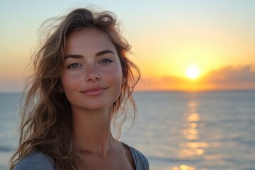 Aufkleber - Sunset over calm ocean waves on a serene beach filled with vibrant colors and soft clouds, capturing the tranquility of the evening sky