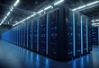 © TommyNa - Modern data center interior featuring rows of glowing blue server racks under bright ceiling lights. Great for tech presentations, cybersecurity visuals, and IT infrastructure content