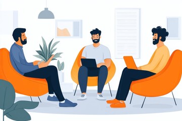 Aufkleber - Group of three friends engaged in a productive discussion while sitting in bright orange chairs in a modern indoor setting with plants and ambient light