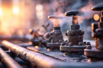 Aufkleber - Valves and Pipes at a Refinery With Steam Escaping Under Warm Light During Early Morning Hours