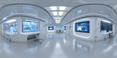 A 360 degree view of a white room with a computer monitor on the wall