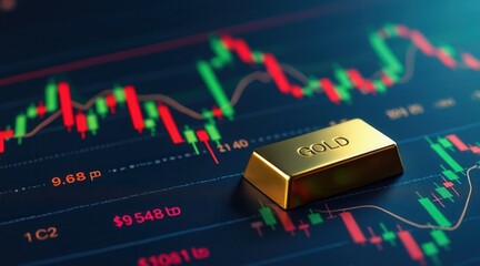 Leinwandbilder - Gold bar resting on a financial chart showing market trends and fluctuations.