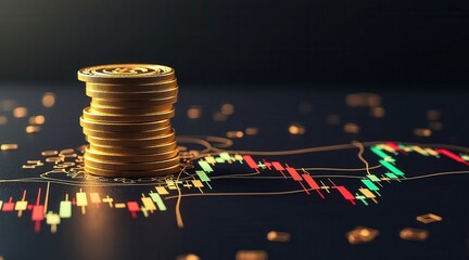 Poster - Stacks of coins on a financial chart with glowing elements, representing investment and growth.
