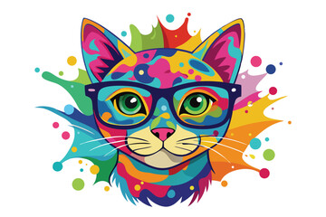  Colorful artistic cat  with colorful paint splatters on white background.