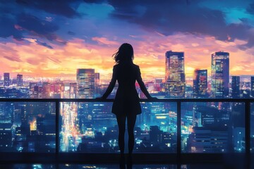 Fototapete - Silhouette of a businesswoman gazing at a vibrant city skyline during sunset from an office high-rise