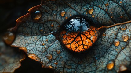 Aufkleber - Close-up view of water droplets on textured, dried leaves illuminated by warm light in a natural setting during late afternoon