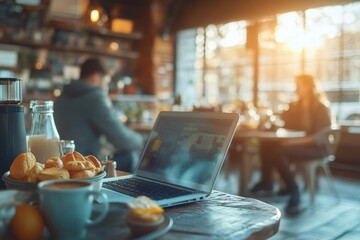 Aufkleber - Workspace in a cozy coffee shop with greenery and warm lighting during the afternoon hours, providing a perfect environment for productivity and relaxation