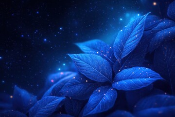 Aufkleber - Vibrant blue leaves glimmering under starlit night showcasing nature's beauty and tranquility in a magical atmosphere