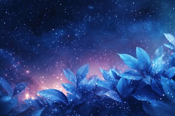 Aufkleber - Vibrant blue leaves glimmering under starlit night showcasing nature's beauty and tranquility in a magical atmosphere