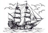 Hand-drawn sketch of a pirate ship illustrated on a sailboat.