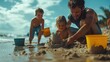 © SaroStock - Building sandcastles on a sunny beach with children enjoying a fun day by the sea, creating lasting summer memories and lively family interactions