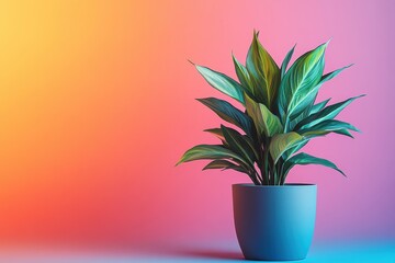 Aufkleber - Lush green plant in a modern pot against a vibrant backdrop of orange and pink hues, enhancing indoor decor and natural ambiance in a contemporary setting