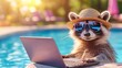 © O - Raccoon in straw hat and sunglasses using laptop by pool. Animal relaxes by water with computer. Summer outdoor vacation and remote work concept.