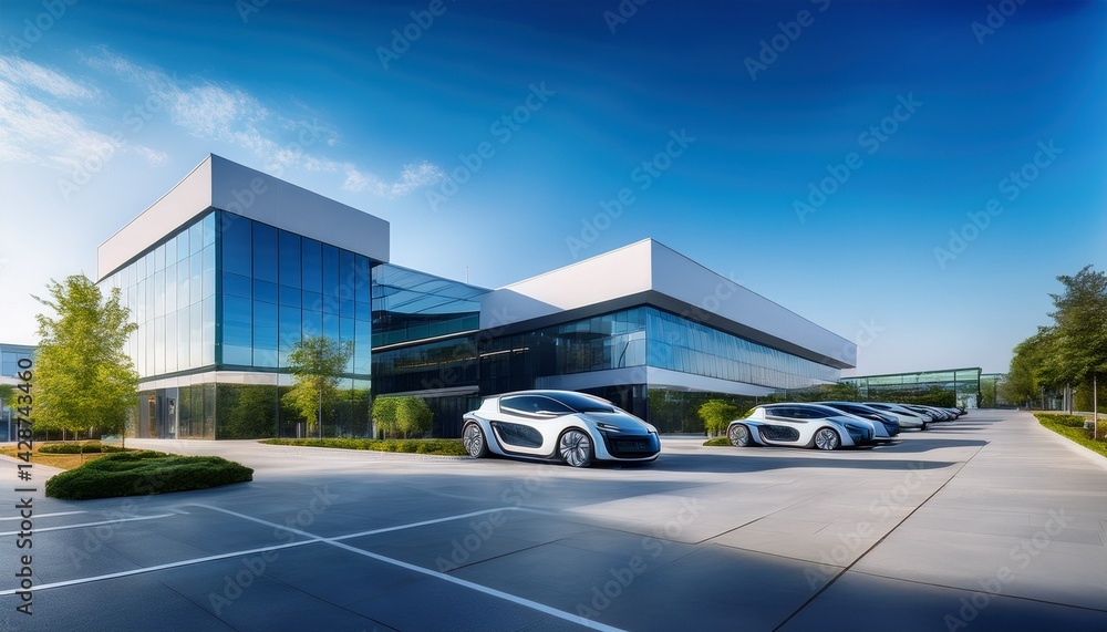 high tech corporate campus featuring multiple electric vehicles and ...