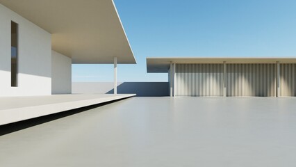 Fototapete - 3d render of modern exterior entrance terrace with large empty concrete wall, Abstract architecture