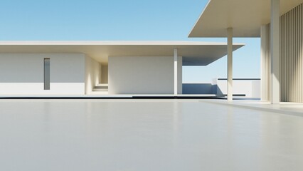 Fototapete - 3d render of modern exterior entrance terrace with large empty concrete wall, Abstract architecture