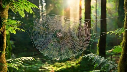 lush green forest with intricate spider web illuminated by sunlight filtering through trees
