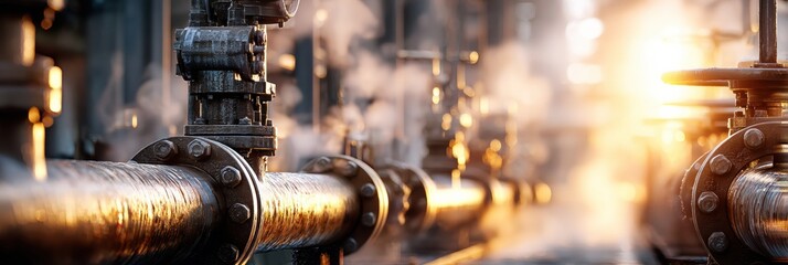 Aufkleber - Close-up View of Refinery Valves and Pipes Releasing Steam Under Light During Industrial Operation