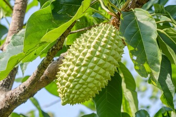 closeup of a spiky, light green custard apple fruit hanging from a tree branch with lush green leave