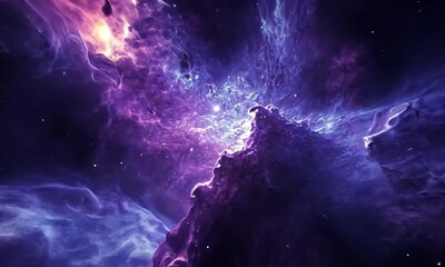 Wall Mural - A vast cosmic universe with glowing purple and blue nebulae swirling in space made with Generative AI technology