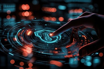 Wall Mural - futuristic digital interface with hand touching cybersecurity icon