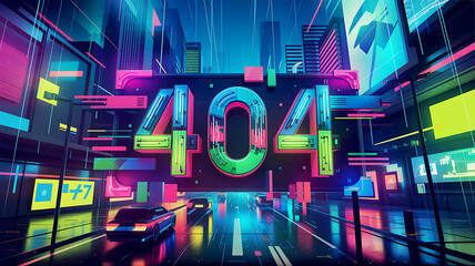 Neon-lit cityscape featuring a large 404 error message illuminated streets and futuristic vehicles.
