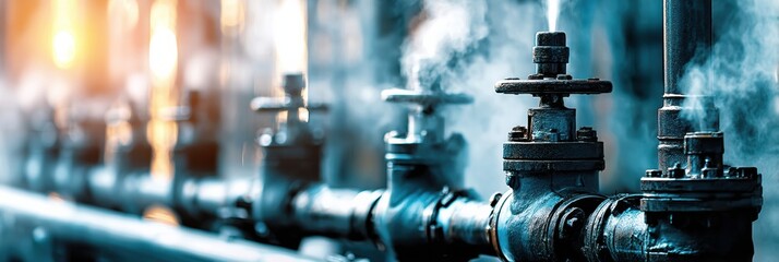 Poster - Close-up of Industrial Refinery Valves and Pipes Releasing Steam in a Brightly Lit Environment