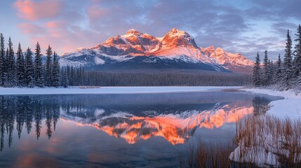 Wall Mural - beautiful lake with mountain peaks reflected in the winter landscape. mountain landscape at sunrise.