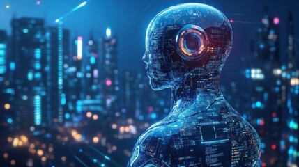 Futuristic robot city AI digital night concept