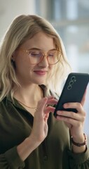 Aufkleber - Woman, smartphone and happy at office with texting on break with contact, update and networking at startup. Person, phone and smile with scroll, social media and check notification at creative agency