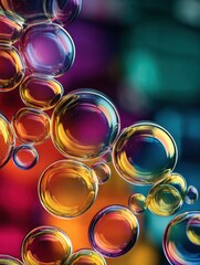 Leinwandbilder - Colorful Soap Bubbles With Reflections and Rainbow Highlights Captured in Close-Up Against a Vibrant Background