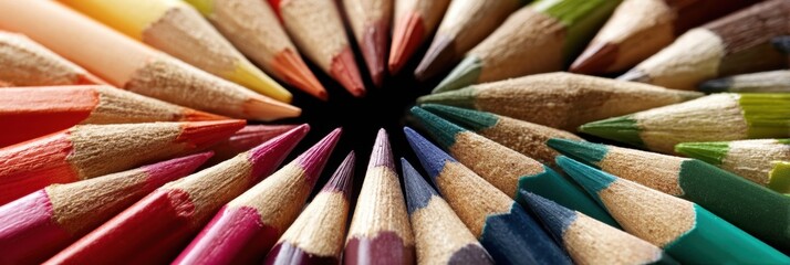 Poster - Colorful Pencil Tips Arranged in a Radial Pattern Displaying Vibrant Hues and Sharpness for Artistic Creativity