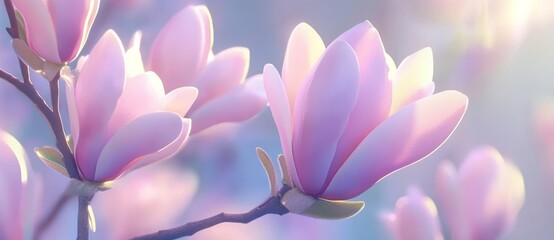 Elegant copy space is created by pink magnolia flowers on a blossoming magnolia tree