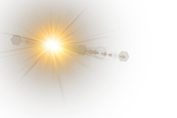 Wall Mural - Sunlight glare expands in soft transparent radial pattern. Golden star flash beams with yellow radiant burst. Lens flare adds warmth to clean modern compositions. Realistic overlay