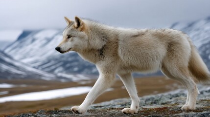 Wall Mural - arctic wolf in snowy mountainous terrain