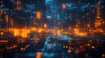 Abstract digital city with glowing orange buildings and blue grid lines. Concept of technology, data, and future.