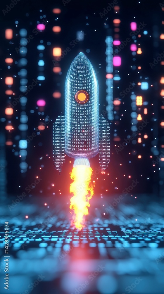 Surreal rocket of numbers and code soaring through a cosmos of ...