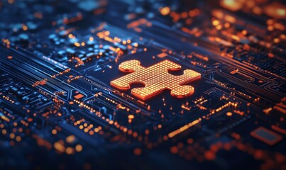 Wall Mural - puzzle piece on circuit board representing technology integration and problem solving